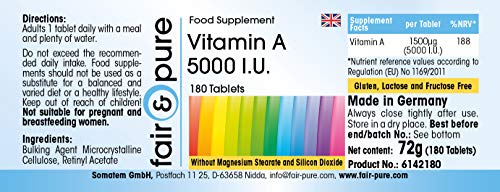 Vitamina A 5000 U.I. - Acetato de Retinol - Vegano - Alta pureza - 180 Comprimidos