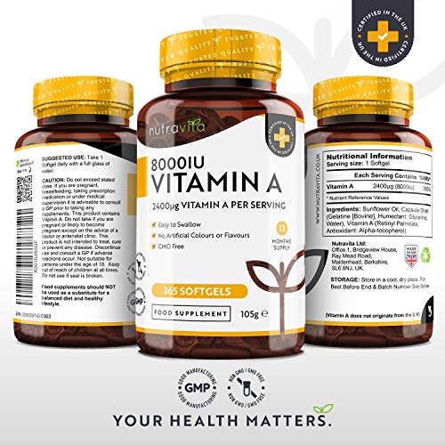 Vitamina A 8000 UI - Suministro para 1 año - 365 cápsulas blandas de la máxima potencia, fáciles de tragar - 2400 μg de vitamina A en cada cápsula - Producto elaborado por Nutravita en el Reino Unido