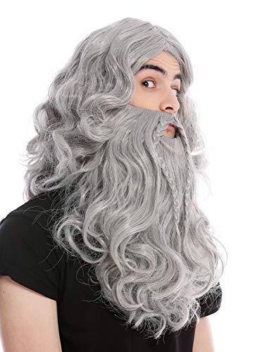 WIG ME UP- 90760-A+B-ZA68E Peluca y Barba Trenzado Largo Vikingo Viejo Salvaje Hombre del Norte bárbaro Enano Gris