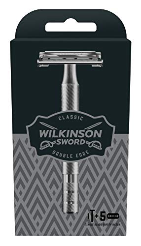 Wilkinson Sword Classic PREMIUM - Máquina de Afeitar Vintage de Acero Cromado para Hombre + 5 Hojas de Afeitar de Doble Filo, Afeitado Clásico Manual