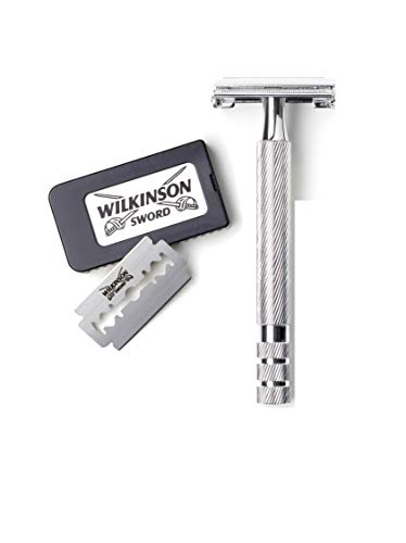 Wilkinson Sword Classic PREMIUM - Máquina de Afeitar Vintage de Acero Cromado para Hombre + 5 Hojas de Afeitar de Doble Filo, Afeitado Clásico Manual