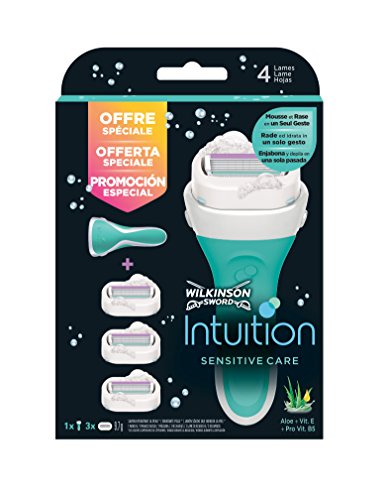 Wilkinson Sword Pack Intuition Sensitive Care - Maquinilla depilatoria y enjabonadora femenina Intuition + 3 cuchillas autoadaptables con cintas de seda hidratantes