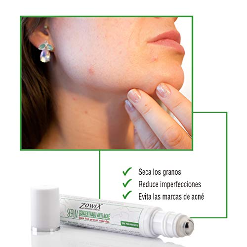 ZOWIX. Serum Concentrado antiacne. Elimina el acné facial. Envase Roll on super práctico. Eficaz en granos, espinillas y puntos negros. 25ml