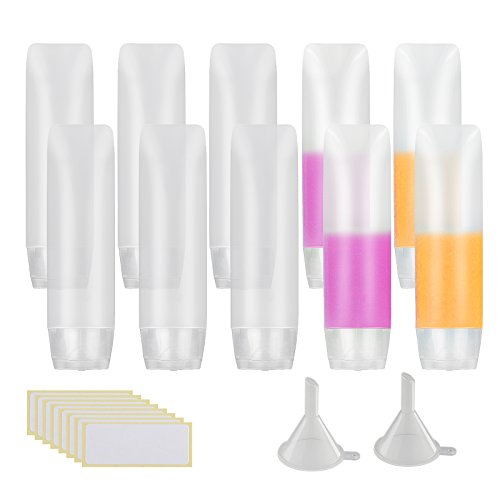 10 pcs de transparente  envase de loción exprimible MEZOOM de botellas PE plastico de contenedor viaje con dos embudos y una etiqueta en equipaje o bolso