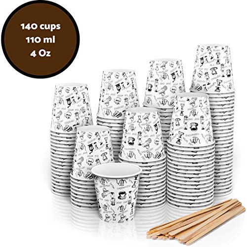 140 Vasos Carton Desechables para Café Espresso 110 ml con Agitadores de Madera para Café Para Llevar