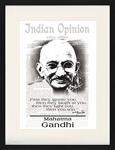 1art1 Mahatma Gandhi - Indian Opinion, Primero Te Ignoran, B/N Póster De Colección Enmarcado (80 x 60cm)