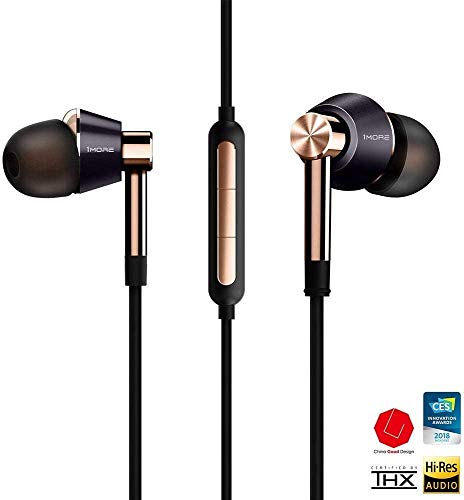 1MORE Triple-Driver HiFi Auriculares In-ear Hi-Res Audio con Cable Integrado de Control Remoto y Micrófono para iPhone y Android Teléfono móviles,E1001 Oro