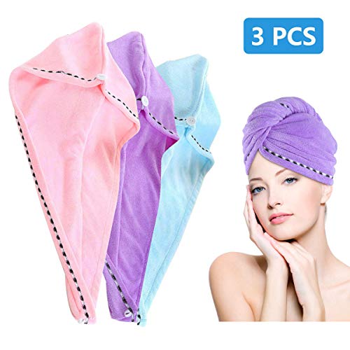 3 Piezas de Toalla de Pelo de Microfibra Turbante, Ultra absorbente Toallas para Secar Pelo con Botón, Pelo Gorro de Cabeza de Secar Rápido para Mujeres, Suave Absorbentes de Agua Pelo Seco Sombreros