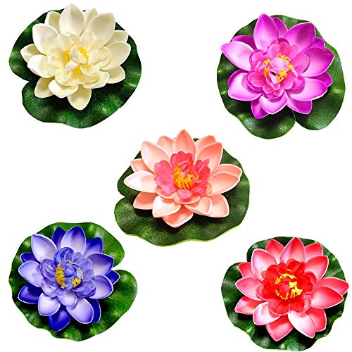 5 Pcs Flores Artificiales Flotantes,Flor de Loto Artificial de Espuma Flotante,Lirio Agua Artificial Flotante Estanque,para La DecoracióN de Estanques,10 cm(Rojo, Blanco, Morado, Rosa Claro, Azul)