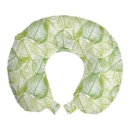 ABAKUHAUS Hojas Cojín de Viaje para Soporte de Cuello, Botanical Abstract Motifs, de Espuma con Memoria y Funda Estampada, 30x30 cm, Cal Verde Manzana Verde