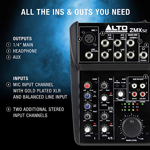 Alto Professional ZMX52 - Mesa de mezclas compacta de 5 canales con calidad de estudio, entrada de micrófono XLR, dos entradas estéreo y una salida Aux