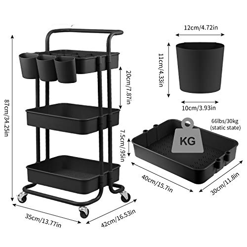 alvorog Carrito Auxiliar con 3 Niveles, Carrito de Cocina con Bloquear Ruedas y Asa Desmontable, Montaje Fácil, Carro de Almacenamiento Multifuncional para Cocina, Baño, Oficina - Negro