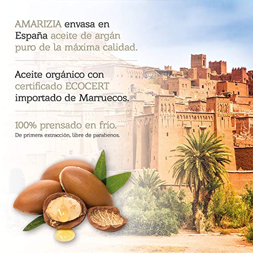 AMARIZIA Aceite de Argán Puro de Marruecos / 100% Orgánico y prensado en frío/Vegano y Cruelty-Free/Hidratante para el pelo, para la piel, cara, barba y uñas/Antiedad y antiarrugas.