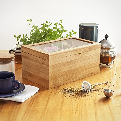 Amazy Caja para té de bambú – Caja de madera para té con 8 compartimentos, cristal templado y cajón para el almacenamiento de té (en bolsas) y otros accesorios