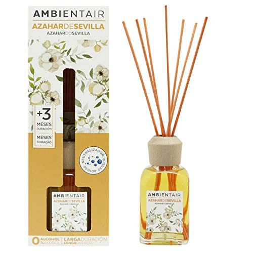 Ambientair. Difusor de Varillas perfumadas. Ambientador Mikado de Azahar de Sevilla, difusor con palitos de ratán. El Mejor ambientador sin Alcohol para casa. Ambientador para la Cocina y baño.