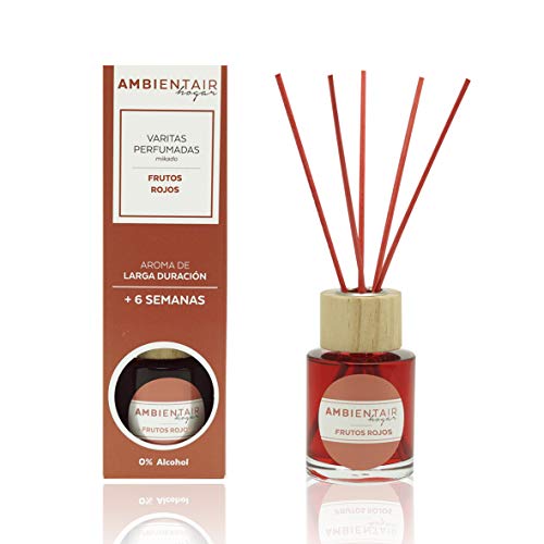 Ambientair Hogar. Difusor de Varillas perfumadas. Ambientador Mikado Frutos Rojos. Difusor 50 ml con palitos de ratán. Ambientador sin Alcohol para casa.