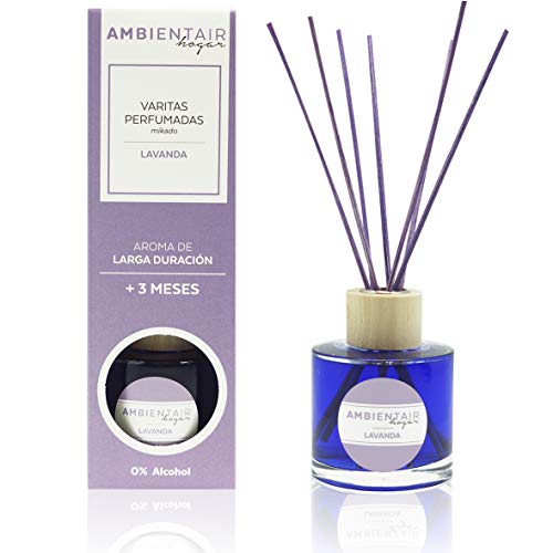 Ambientair Hogar. Difusor de varillas perfumadas. Ambientador Mikado Lavanda. Difusor 100 ml con palitos de ratán. Ambientador sin alcohol para casa.