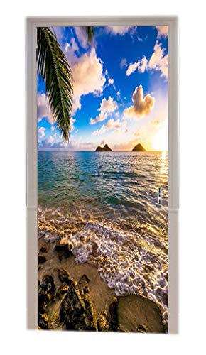 A.Monamour Pegatinas De Pared Arena Playa Amanecer En Hawaii Cielo Azul Nube Blanca Océano Mar Tropical Palmera Paisaje Impresión Vinilo Papel Pintado Murales Pared Calcomanías Puerta Decorados