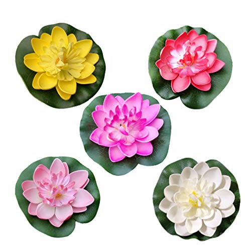 Amosfun flores de loto flotantes artificiales acuario de piscina de lirios y decoración de bodas 10 piezas (blanco + rojo + amarillo + rosa + rosa claro) 10 cm