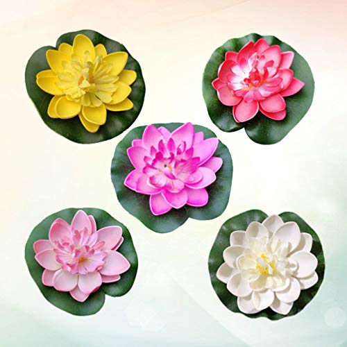 Amosfun flores de loto flotantes artificiales acuario de piscina de lirios y decoración de bodas 10 piezas (blanco + rojo + amarillo + rosa + rosa claro) 10 cm
