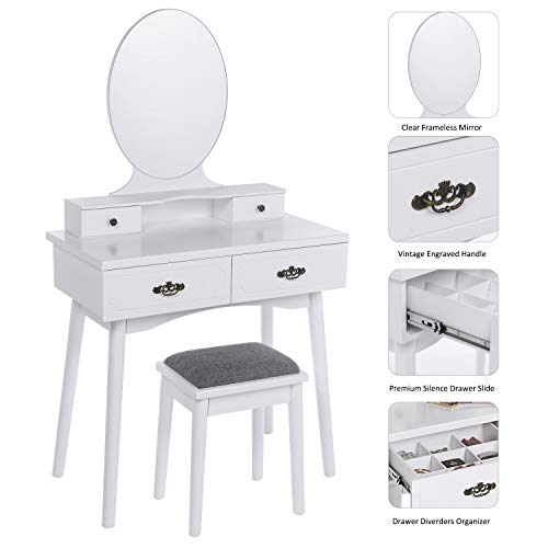 ANWBROAD Tocador Mesa de Maquillaje Belleza Tocador con taburete y espejo de niñas Espejo sin Marco Taburete de Madera de Goma, con 4 cajones, 3 divisores para Dormitorio Vestidor Blanco BDT02W