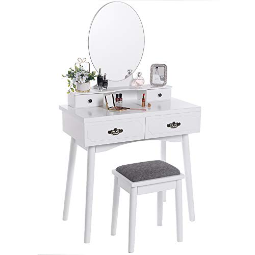 ANWBROAD Tocador Mesa de Maquillaje Belleza Tocador con taburete y espejo de niñas Espejo sin Marco Taburete de Madera de Goma, con 4 cajones, 3 divisores para Dormitorio Vestidor Blanco BDT02W