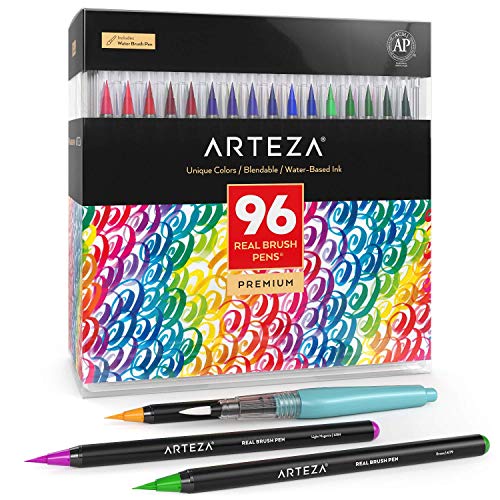 Arteza Caja de 96 rotuladores de pincel | Pinceles con tinta de agua | 12 colores individuales | para caligrafía y coloreado