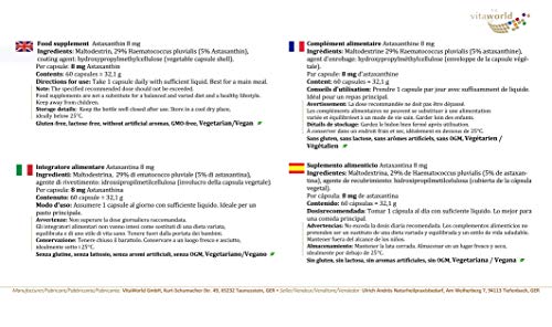 Astaxantina 8mg 60 Cápsulas Vita World Producción en farmacia en Alemania – Antioxidante - Haematococcus pluvialis