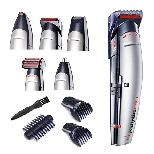 BaByliss E837E Cortapelos para cara, cabello y cuerpo, con cuchillas profesionales W-tech y 10 accesorios, color negro y gris