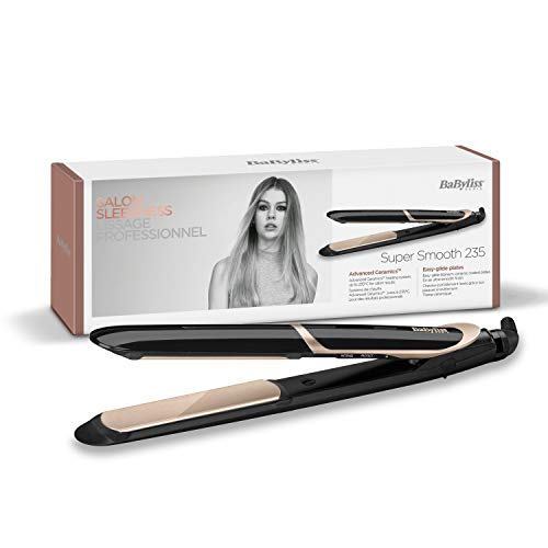 BaByliss ST393E Plancha de pelo profesional, iónica, placas flotantes extra largas de cerámica de titanio para un deslizamiento ultra suave, 6 temperaturas de 140ºC a 235ºC, modo intenso y protección