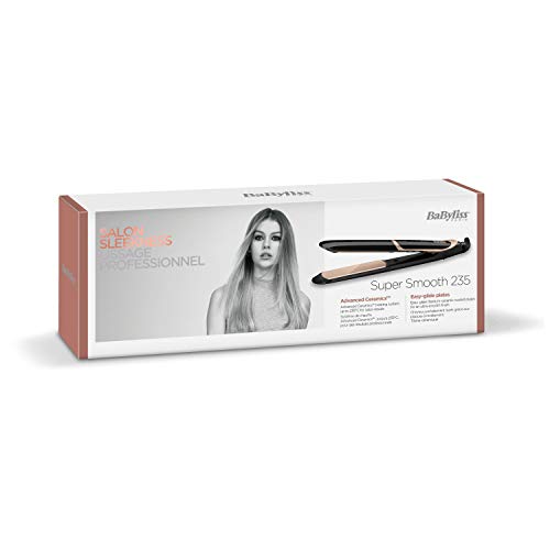 BaByliss ST393E Plancha de pelo profesional, iónica, placas flotantes extra largas de cerámica de titanio para un deslizamiento ultra suave, 6 temperaturas de 140ºC a 235ºC, modo intenso y protección