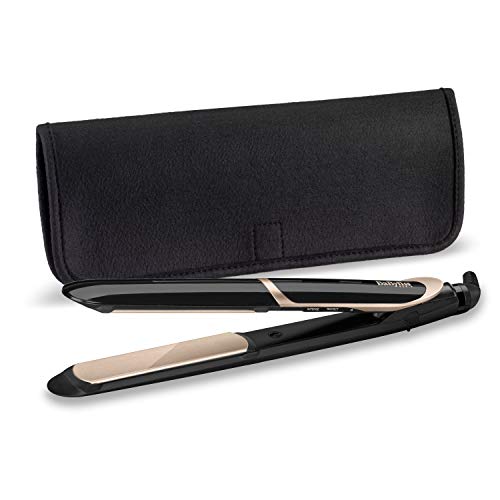 BaByliss ST393E Plancha de pelo profesional, iónica, placas flotantes extra largas de cerámica de titanio para un deslizamiento ultra suave, 6 temperaturas de 140ºC a 235ºC, modo intenso y protección