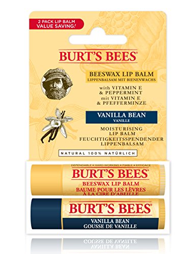 Bálsamo labial hidratante Burt's Bees 100% natural, pack dos por uno, cera de abejas y vainilla, 2 tubos de 4,25 gramos.