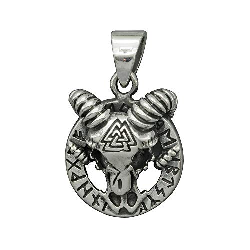 Beldiamo - Colgante de plata de ley 925 con diseño de calavera de cabra y runas de valknut, hecho a mano en Wicca Pagan