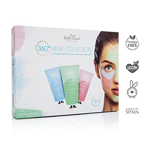 Belle Azul - Kit de 3 Mascarillas Faciales - Hidrata, Purifica y Reduce las Arrugas, Manteca de Karité, Consigue un aspecto Saludable, Radiante y Visiblemente Renovado, Triple Acción, 3x 30ml