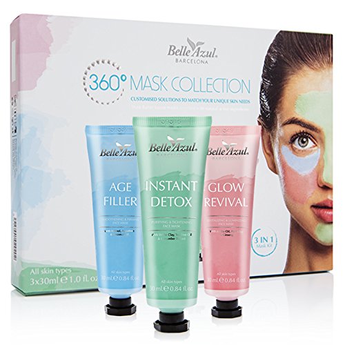 Belle Azul - Kit de 3 Mascarillas Faciales - Hidrata, Purifica y Reduce las Arrugas, Manteca de Karité, Consigue un aspecto Saludable, Radiante y Visiblemente Renovado, Triple Acción, 3x 30ml