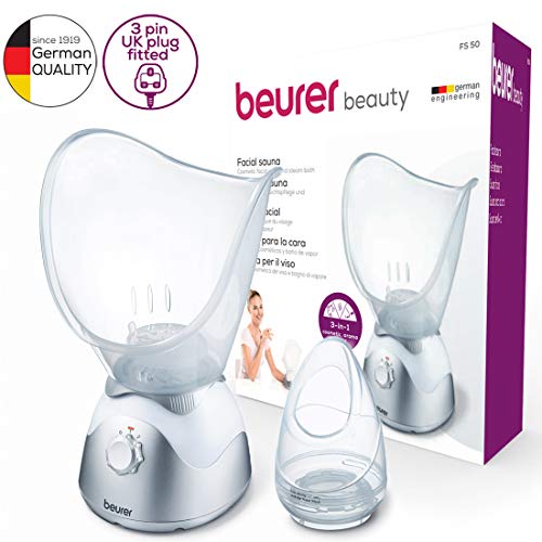 BEURER FS50 Sauna facial, 2 niveles de temperatura, control vapor ajustable, aromaterapia, 2 accesorios para cara y nariz, fácil de limpiar, 120w, color blanco