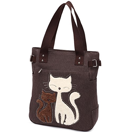 Bolso de Hombro de Las Mujeres con el Bolso de Compras Lindo del Ocio de la Lona del Gato por KAUKKO (Café)