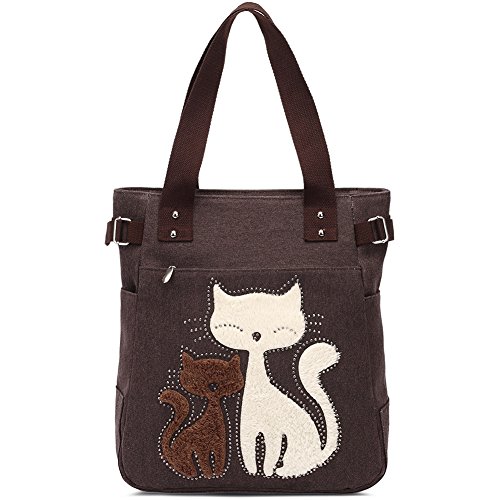 Bolso de Hombro de Las Mujeres con el Bolso de Compras Lindo del Ocio de la Lona del Gato por KAUKKO (Café)