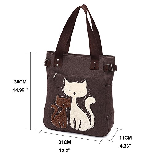 Bolso de Hombro de Las Mujeres con el Bolso de Compras Lindo del Ocio de la Lona del Gato por KAUKKO (Café)