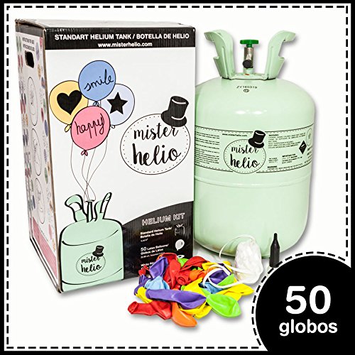 Bombona de Helio Desechable Mister Helio, para hinchar 50 Globos de Latex incluidos