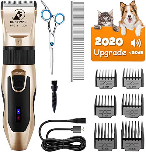 Bonve Pet Cortapelo para Perros y Gatos, Cortapelo para Perros Gatos Mascotas Profesional, Bajo Ruido Menos de 50db, Batería Recargable, con 11 Accesorios, Cargador, Base de Carga