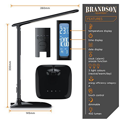 Brandson - Lámpara de Escritorio LED de Intensidad Regulable - protección Ocular – luz 3 Colores - 5 Niveles de luminosidad – Calendario y Alarma de Temperatura - Negro