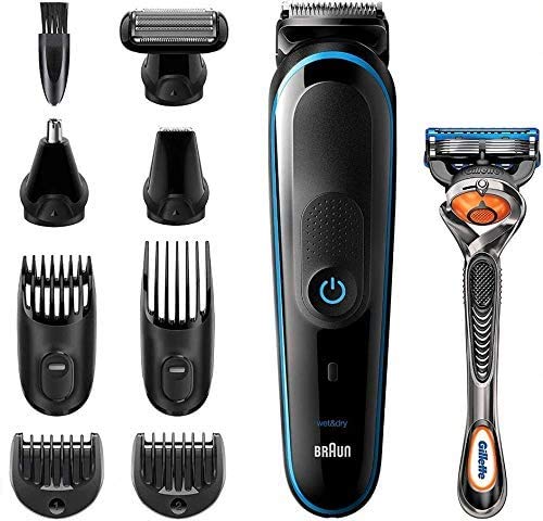 Braun Recortadora MGK5280 9 en 1, Máquina recortadora de barba, set de depilación corporal y cortapelos para hombre, color negro/azul