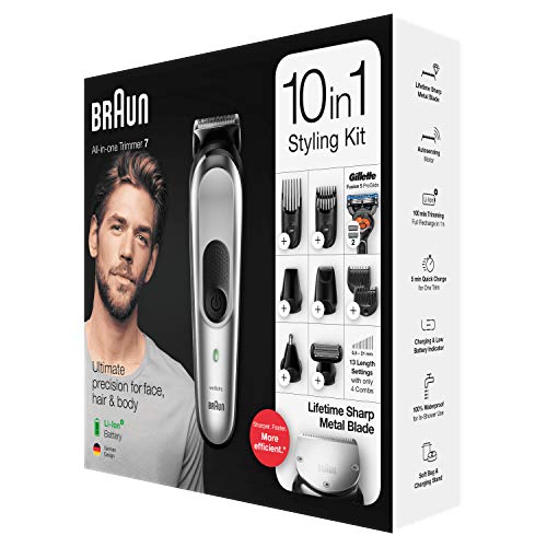 Braun Recortadora MGK7220 10 en 1, Máquina recortadora de barba, set de depilación corporal y cortapelos para hombre, color gris plateado