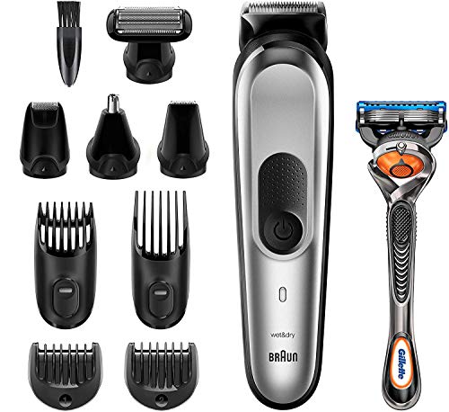 Braun Recortadora MGK7220 10 en 1, Máquina recortadora de barba, set de depilación corporal y cortapelos para hombre, color gris plateado