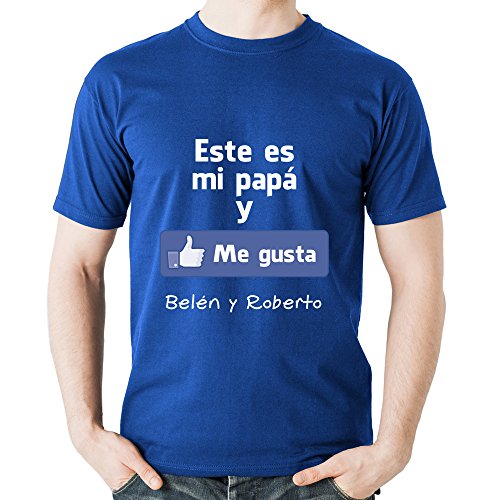 Calledelregalo Regalo para Padres por su cumpleaños, Navidad o el Día del Padre: Camiseta Personalizada Azul Marino 'Me Gusta' con su Nombre y el de Sus Hijos en Varias Tallas