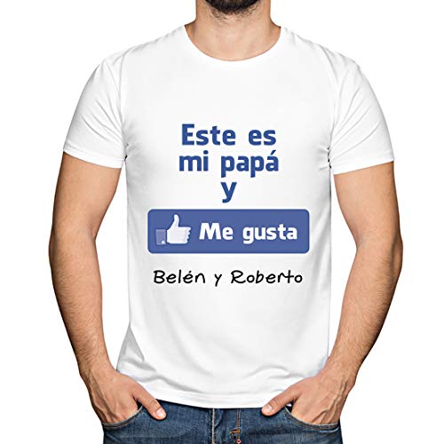 Calledelregalo Regalo para Padres por su cumpleaños, Navidad o el Día del Padre: Camiseta Personalizada Blanca 'Me Gusta' con su Nombre y el de Sus Hijos en Varias Tallas