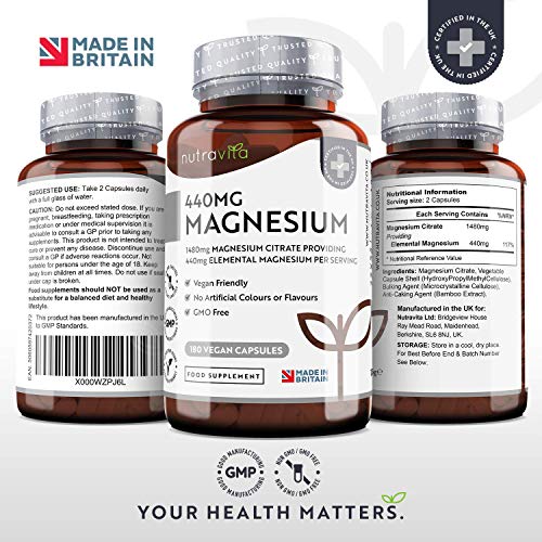 Citrato de Magnesio 1480mg que Proporciona 440mg Alta Dosis de Magnesio Elemental - Alta Biodisponibilidad - 180 Cápsulas Veganos - Suministro 90 Días - Fabricado en el Reino Unido por Nutravita