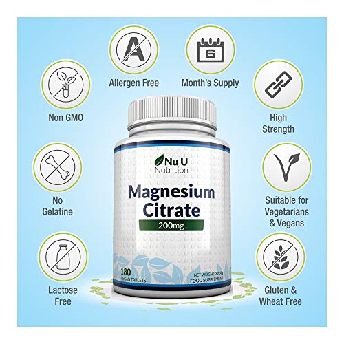 Citrato de Magnesio - 200 mg | 180 Comprimidos (Suministro para 6 Meses) | Complemento alimenticio de Nu U Nutrition